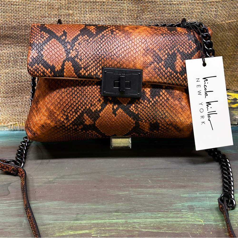 Nicole Miller‎ brown and black faux python snakeskin handbag